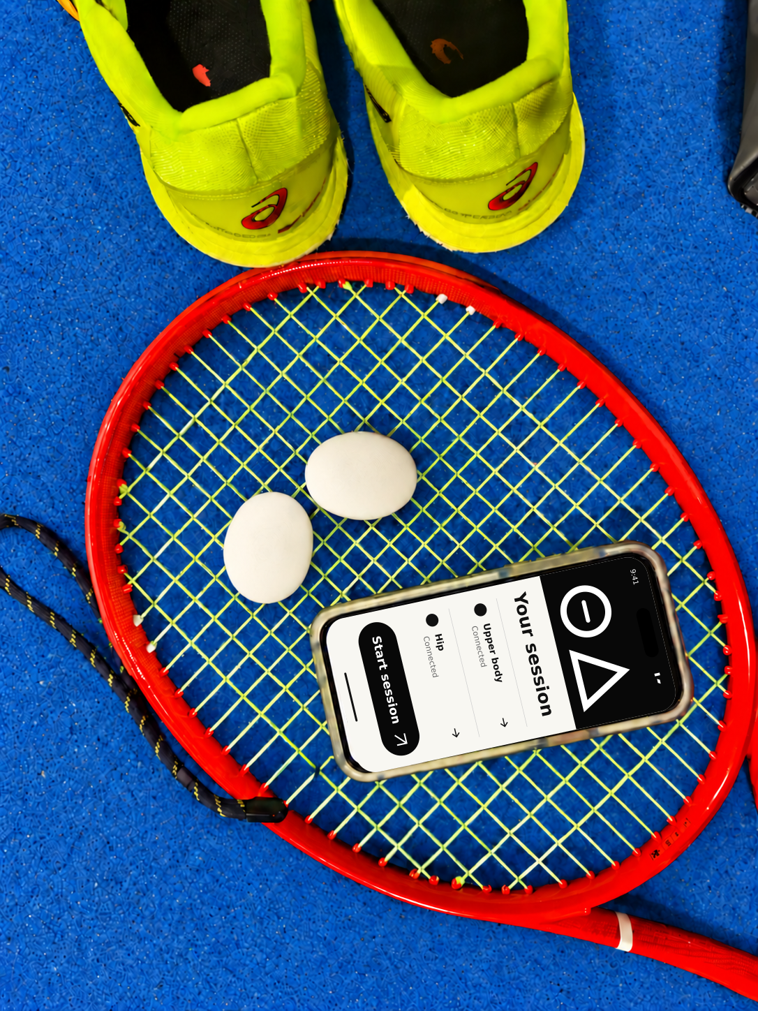 Theta Delta sensors with the app on a tennis racquet